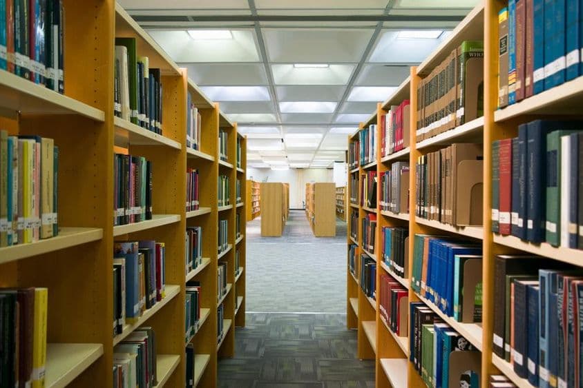 ایک لائبریری نظر آ رہی ہے جس میں کتابوں کی شیلفیں موجود ہیں۔