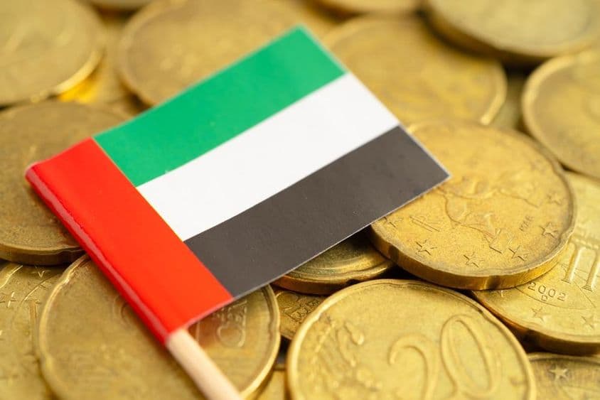 یورو کے سکے اور ان کے اوپر یواے ای کا پرچم۔