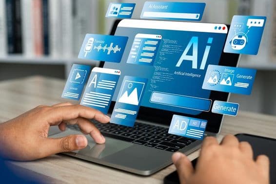 ایک نوٹ بک جس پر ایک اے آئی ہولوگرام دکھایا جا رہا ہے جسے ایک انسانی ہاتھ ٹچ پیڈ پر چلانے کی کوشش کر رہا ہے۔