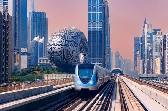 مستقبل کے عجائب گھر اور بلند و بالا عمارتوں کے پس منظر میں دبئی میٹرو