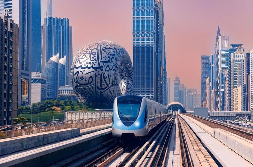 مستقبل کے عجائب گھر اور بلند و بالا عمارتوں کے پس منظر میں دبئی میٹرو