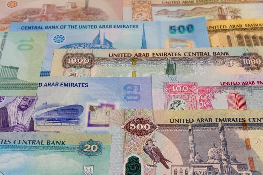 20، 50، 100، 500، 1000 مالیت کے درہم نوٹ میز پر