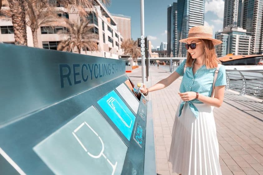 دبئی کے ری سائکلنگ بن میں بوتل ڈالتے ہوئے، پس منظر میں اونچی عمارتیں