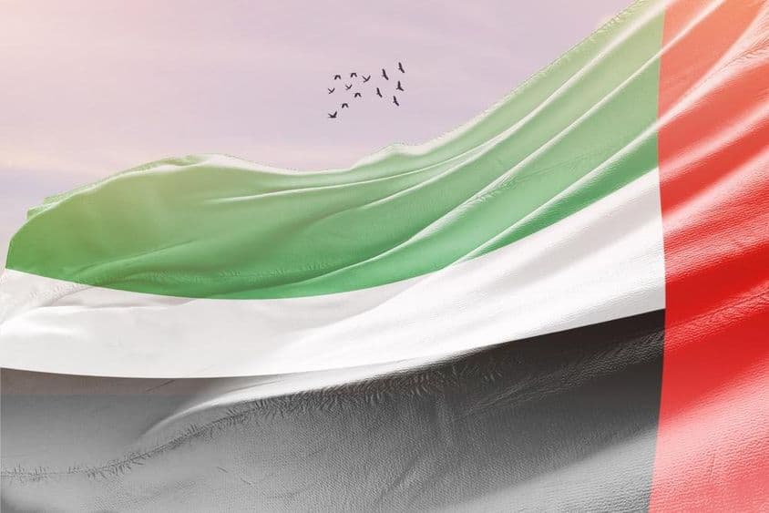 ہوا میں لہراتا ہوا یو اے ای کا پرچم۔