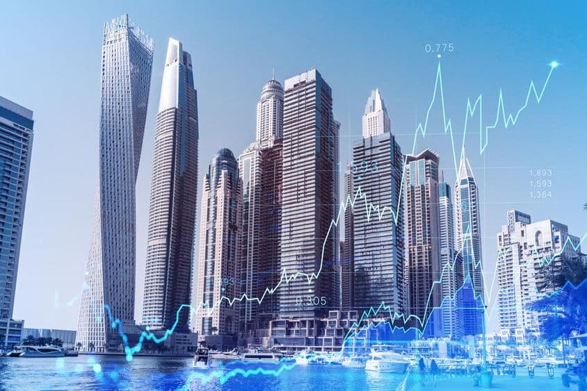 دبئی بزنس ڈاون ٹاون میں فاریکس چارٹ کی پرت کے ساتھ۔