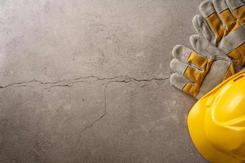 وقفے کا وقت، پیلی ہیلمٹ اور کام کے دستانے ایک پھٹے ہوئے کنکریٹ کی سطح پر رکھے ہوئے۔