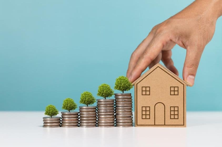 سکے کے اوپر بڑھتے درخت، رئیل اسٹیٹ سرمایہ کاری کی ترقی کی علامت۔