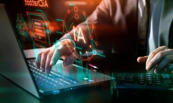 AI ٹیکنالوجی، کام کی جگہ میں مصنوعی ذہانت، گرافک اور ڈیجیٹل عناصر۔