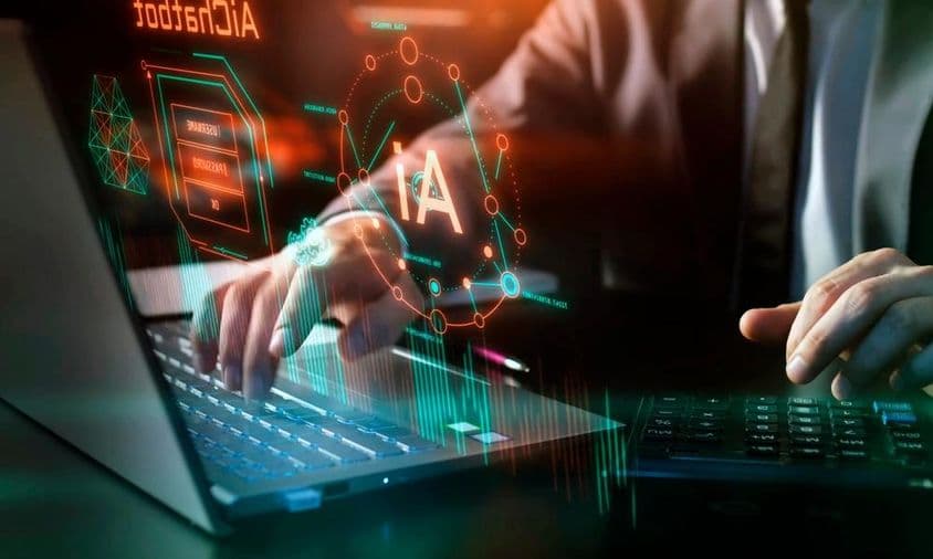 AI ٹیکنالوجی، کام کی جگہ میں مصنوعی ذہانت، گرافک اور ڈیجیٹل عناصر۔