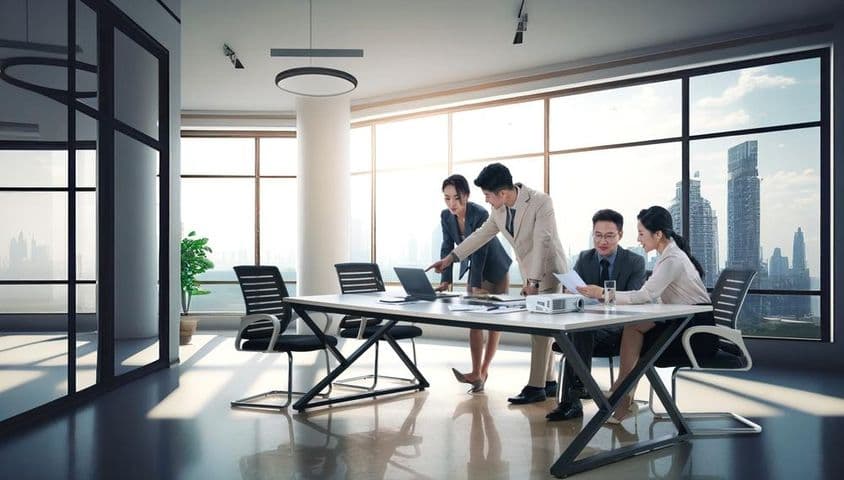 دفتر میں کام پر بات چیت کرتے ہوئے بزنس مین