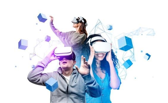 نوجوان افراد ویٰ آر ہیڈسیٹ پہنے ہوئے ہیں۔