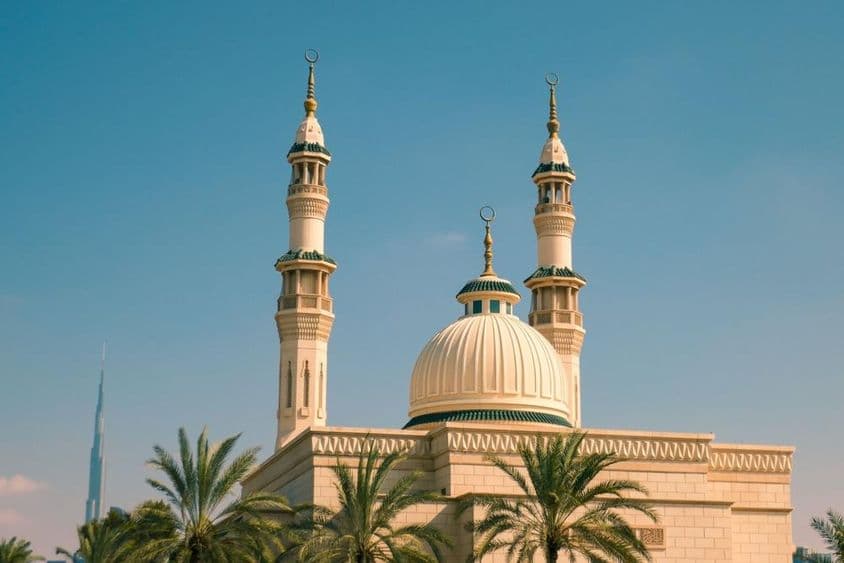 دھوپ میں کھجور کے درختوں سے گھری جمیرا مسجد، دبئی۔