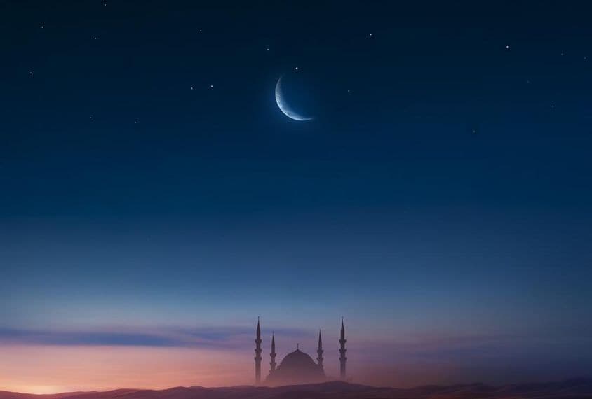 چاند کے ساتھ آسمان میں غروب آفتاب کے وقت مسجد۔