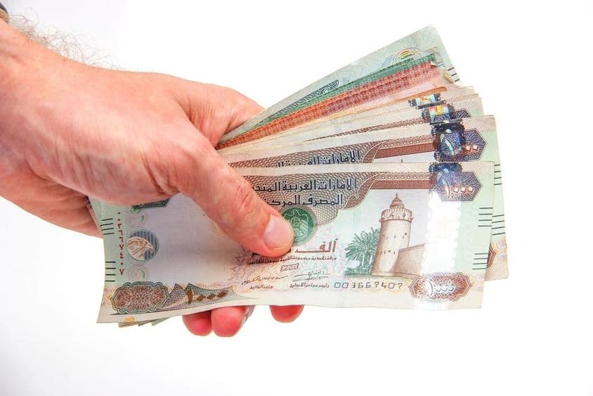 ایک شخص متحدہ عرب امارات کے درہم بینک نوٹوں کو پکڑے ہوئے