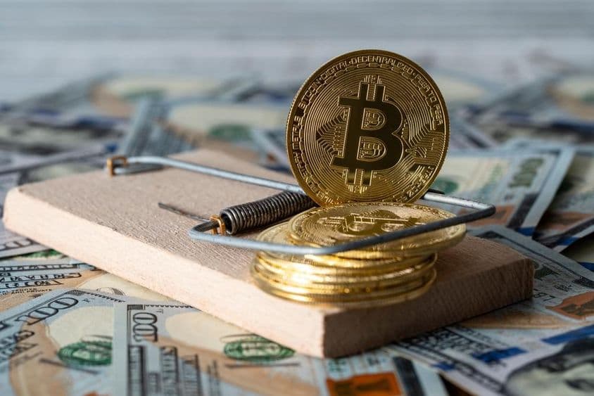 سو سنجی امریکی ڈالر کے بلوں کے پس منظر میں، بٹ کوائن سنہرے کرپٹوکرنسی سکے ایک جال میں پھنسے ہوئے۔