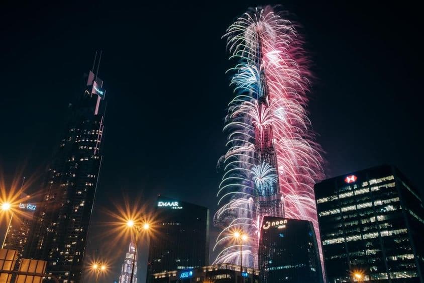 برج خلیفہ، دنیا کی سب سے بلند عمارت پر شاندار نئے سال کی شب آتش بازی۔