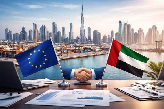 یورپی یونین اور امارات کے درمیان دبئی بندرگاہ پر مصافحہ: نیا تجارتی دور شروع ہونے کا نشان۔