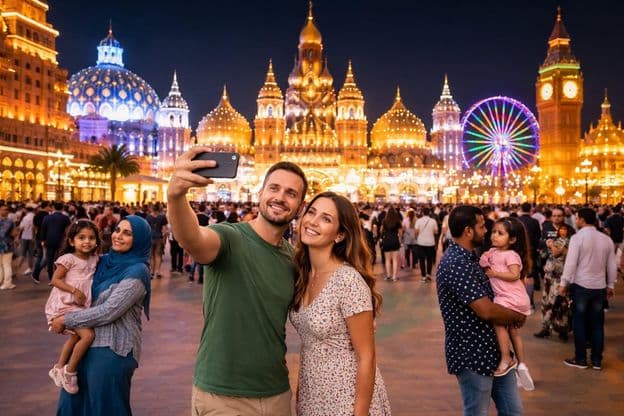 گلوبل ولیج کا رنگ برنگا شام کا منظر