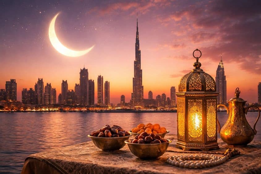دبئی کے اسکائی لائن کے پیچھے سورج غروب کا منظر رمضان میں۔