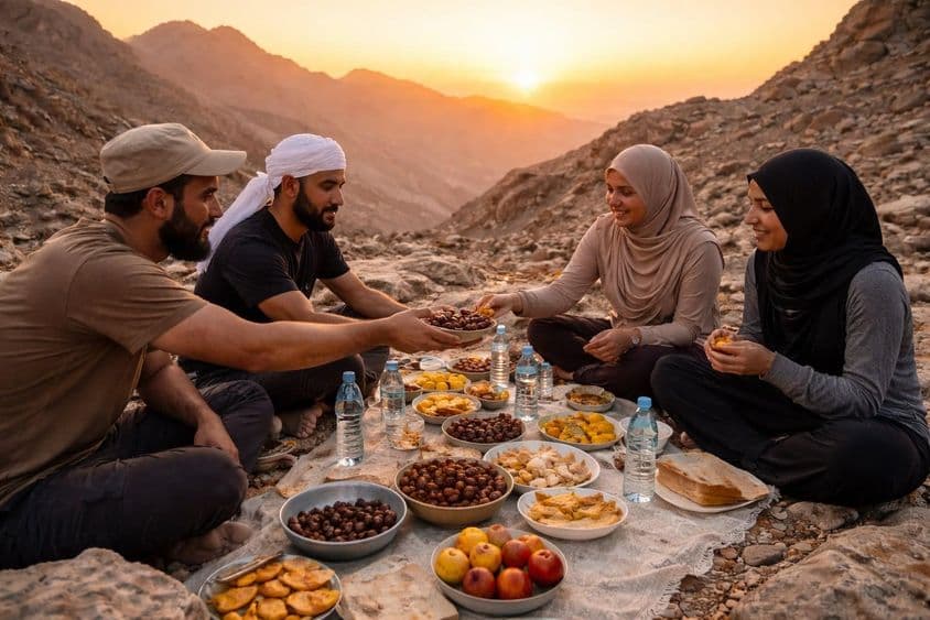 پہاڑ کی خاموشی میں غروب آفتاب افطار