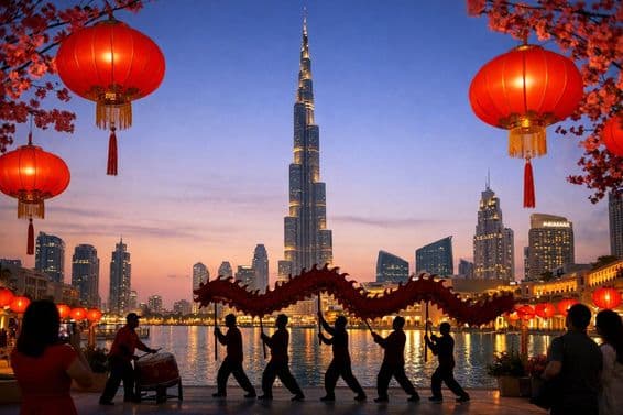 دبئی کی فلک بوس عمارتوں کے درمیان چینی نئے سال کی روشنیاں۔