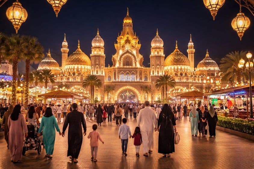 دبئی کے گلوبل ولیج میں رمضان کی شام کا خاندانی ماحول۔