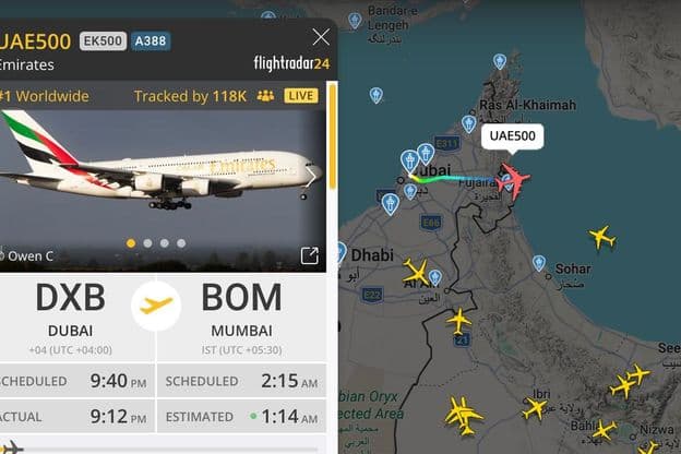متحدہ عرب امارات ۵۰۰ براہ راست پرواز کی ٹریکنگ کا نقشہ
