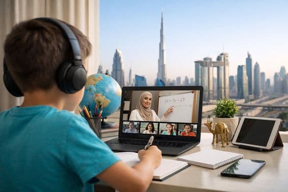 دبئی کے منظر کے ساتھ آن لائن تعلیم