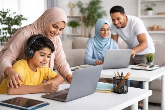 گھر میں خاندان آن لائن تعلیم حاصل کر رہا ہے