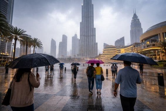 دبئی کے بلند و بالا عمارتوں کے درمیان طوفان