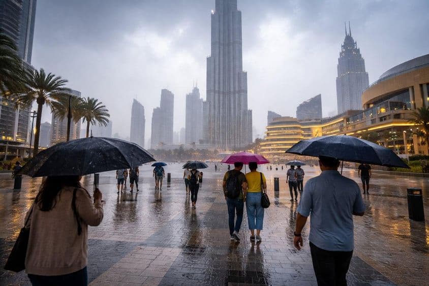 دبئی کے بلند و بالا عمارتوں کے درمیان طوفان