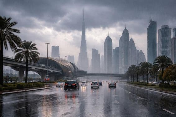 دبئی کی گلیوں میں بارش کا منظر