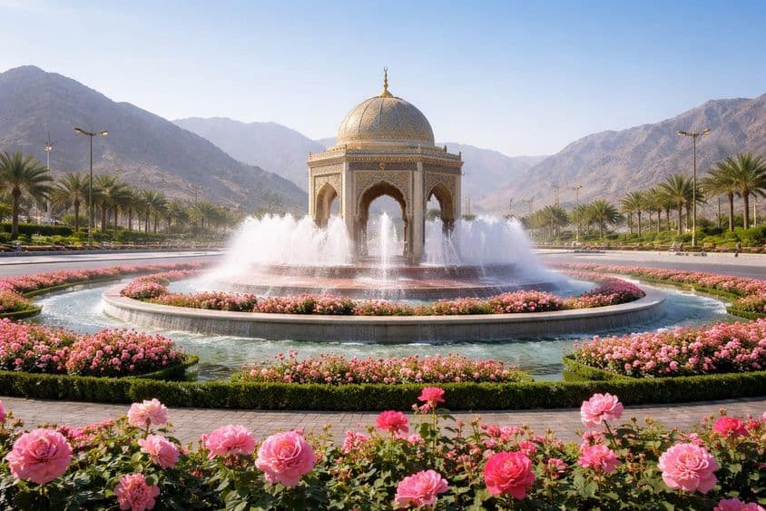 کلباء کے گلابی پانی کے فوارہ کا منظر