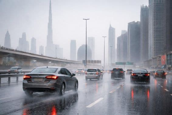 دبئی کی سڑکوں پر بارش کے دوران بریکنگ