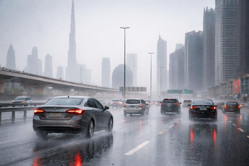 دبئی کی سڑکوں پر بارش کے دوران بریکنگ
