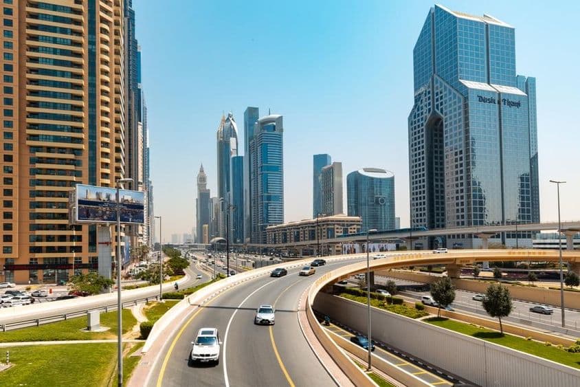 شیخ زاید روڈ کا منظر بلند و بالا عمارتوں کے ساتھ۔